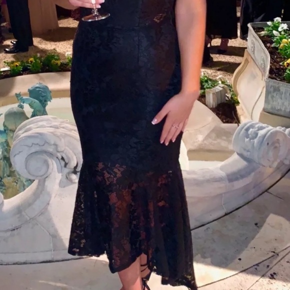 XSCAPE Dress Size 4 Black Allover Lace Off The Shoulder Midi Hi-Low - Picture 7 of 7